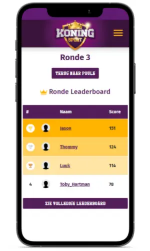 Ronde leaderboard binnen de WK poule app met spelersscores en een overzicht van de ranglijst per speelronde.